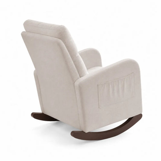 Poltrona a dondolo in tessuto beige con struttura in legno