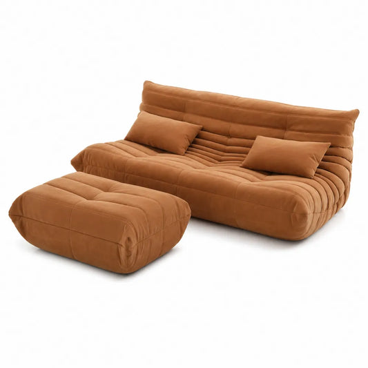 Divano in Microfibra Marrone con Pouf e Cuscini