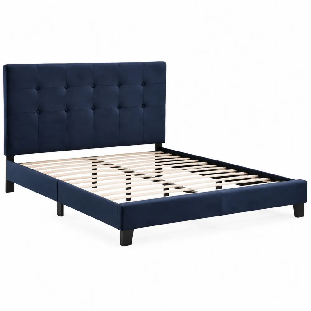 Letto matrimoniale in velluto blu con testiera imbottita