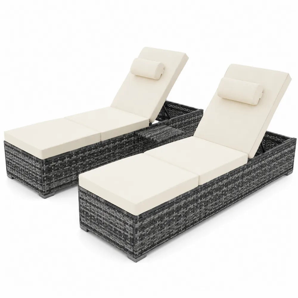 Set di Due Lettini in Rattan PE Grigio con Cuscini Crema Sfoderabili