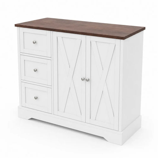 Credenza bianca con piano in legno di noce e 3 cassetti