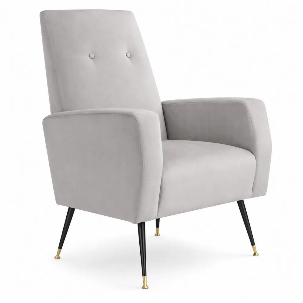 Poltrona in velluto grigio con gambe in metallo