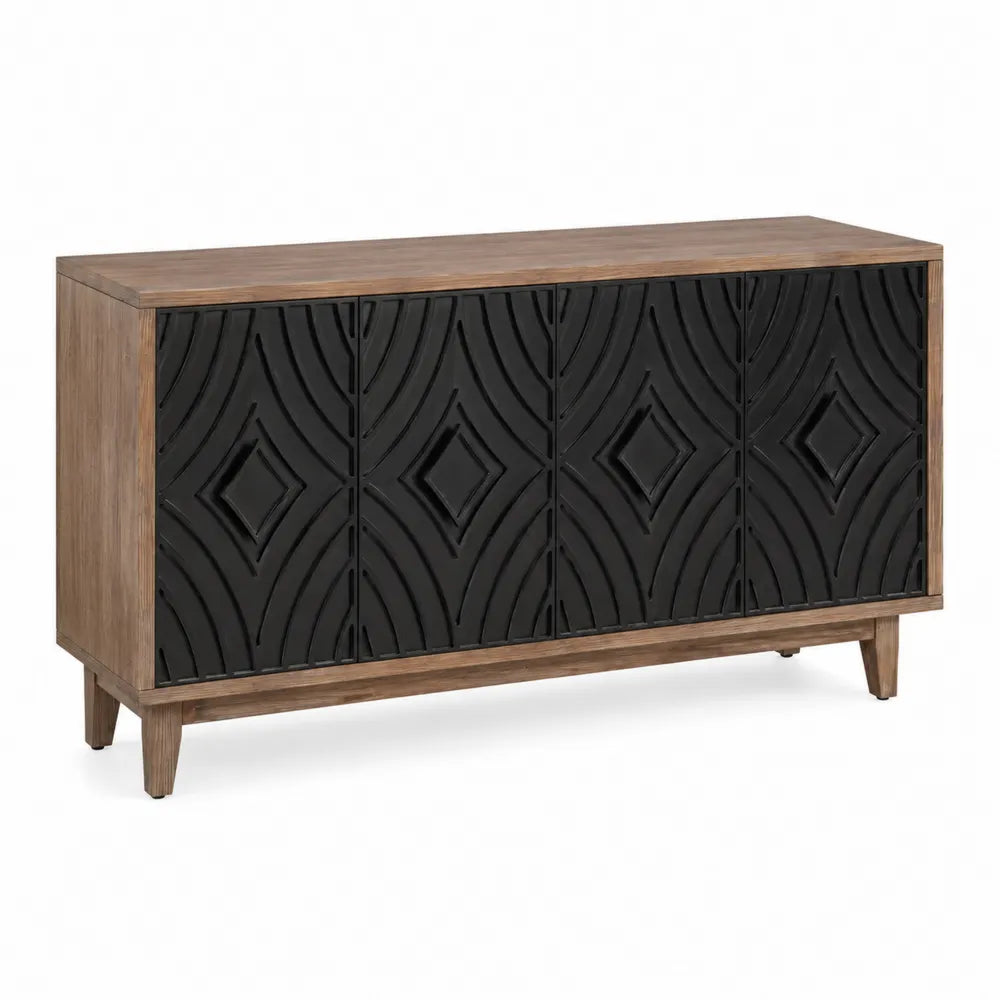 Credenza in Legno con Pannelli in MDF Neri a Quattro Ante