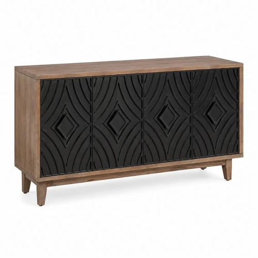 Credenza in Legno con Pannelli in MDF Neri a Quattro Ante