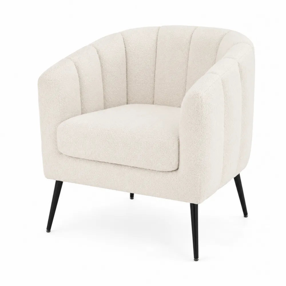 Poltrona in Tessuto Bouclé Beige con Gambe in Metallo Nero