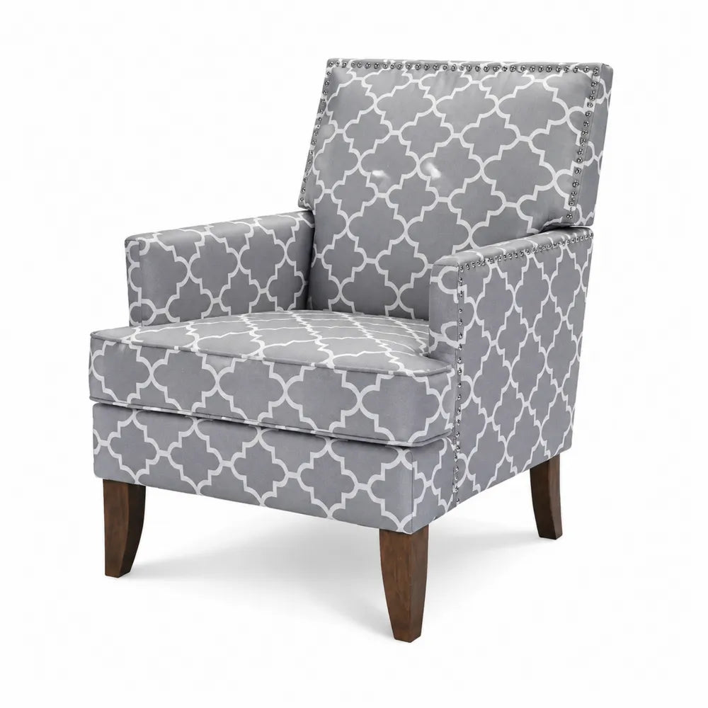 Poltrona in tessuto geometrico grigio, gambe in legno