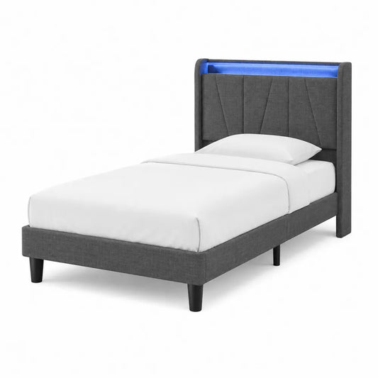 Letto Singolo con Testiera LED in Tessuto Grigio