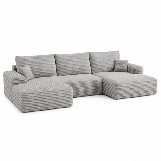 Divano angolare in tessuto a coste grigio con chaise longue
