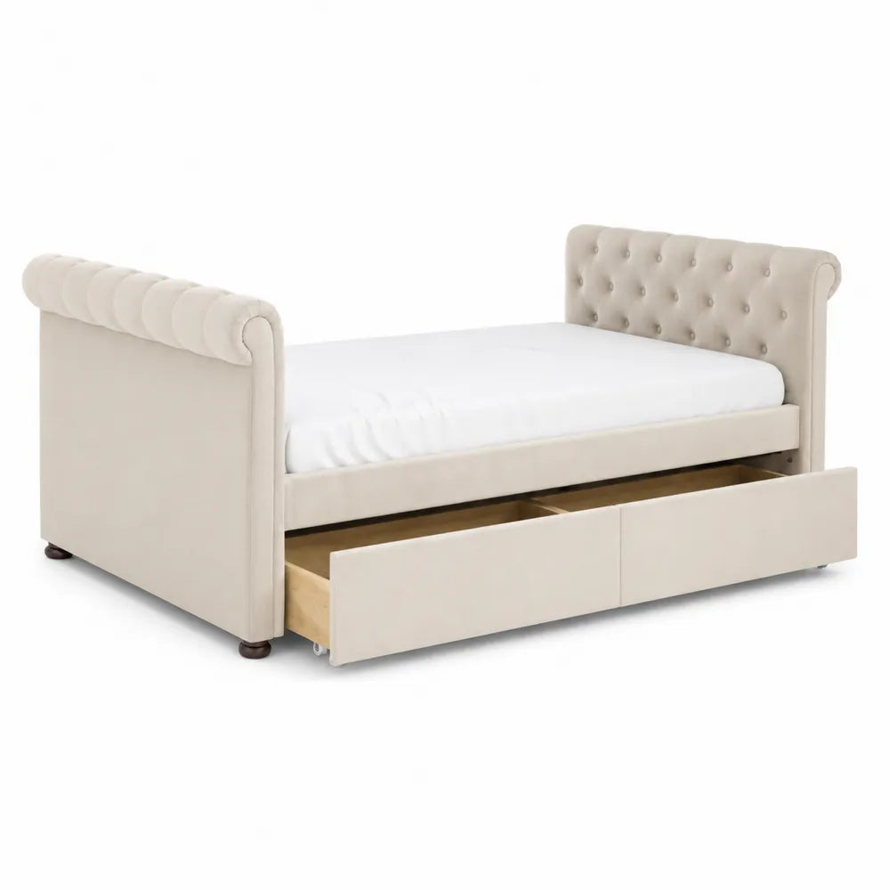 Letto singolo in tessuto beige con cassetti e testiera capitonné