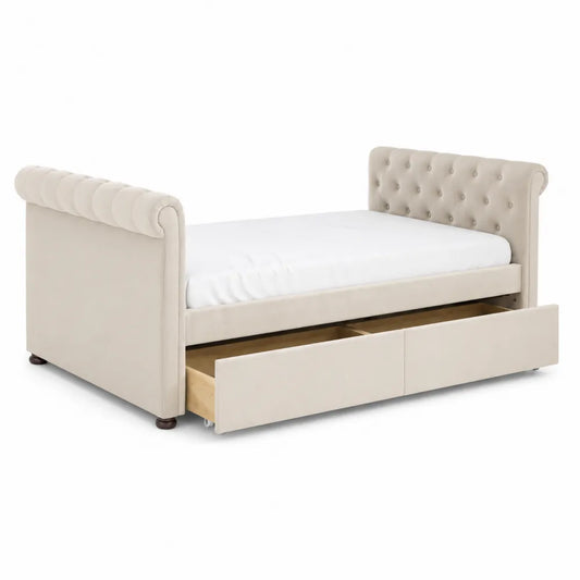 Letto singolo in tessuto beige con cassetti e testiera capitonné