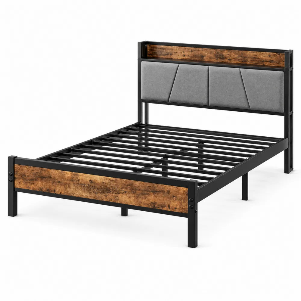 Letto matrimoniale in metallo e legno con testiera imbottita in tessuto 200x160 cm