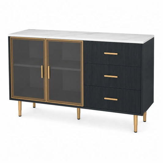 Credenza in MDF Nero con Ante in Vetro Temperato e Gambe in Metallo Dorato